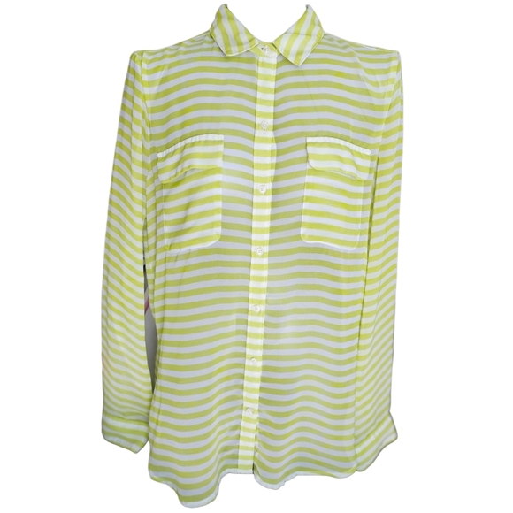 Old Navy Neon Green White Striped Secretary Blouse Top Size L - Picture 2 of 8